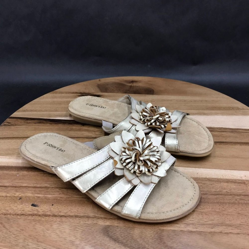 St. John's Bay Gold Faux Leather Flower Slides Sandals Womens Size 6